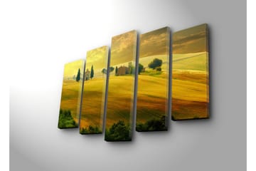 Stort lerretsbilde i 5 deler 105x70 cm - Frodig landskap med bølgende jorder og en liten kirke - Gyllengul / Grønn / Brun - Interiør - Maleri & posters - Lerretsbilder