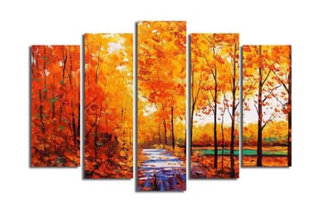 Stort lerretsbilde i 5 deler 105x70 cm - Frodig skog med høstfarger og en sti - Oransje / Gul / Grønn - Interiør - Maleri & posters - Lerretsbilder