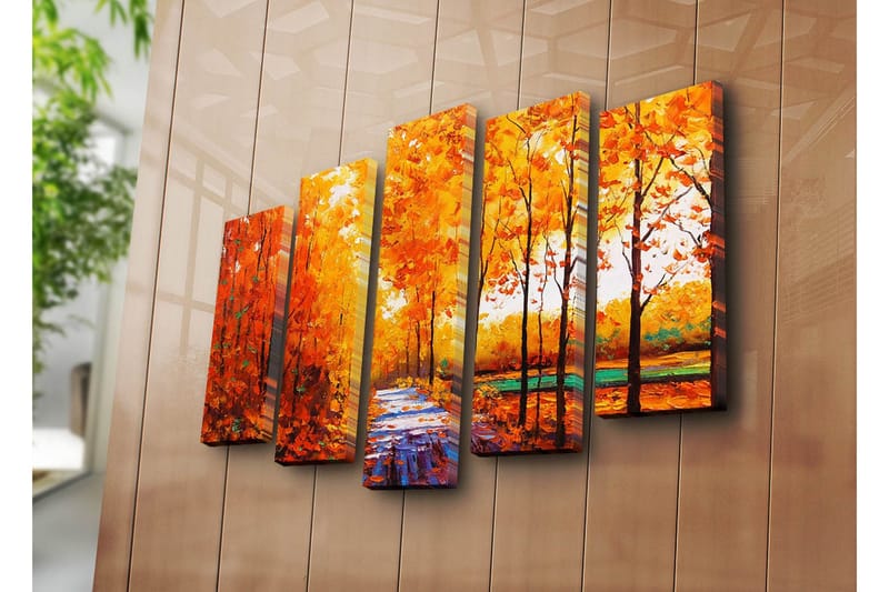 Stort lerretsbilde i 5 deler 105x70 cm - Frodig skog med høstfarger og en sti - Oransje / Gul / Grønn - Interiør - Maleri & posters - Lerretsbilder