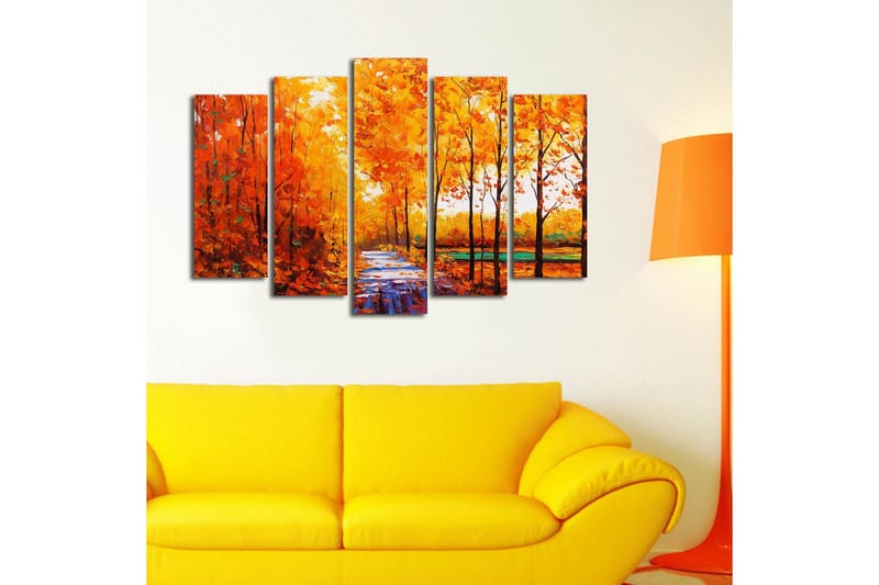 Stort lerretsbilde i 5 deler 105x70 cm - Frodig skog med høstfarger og en sti - Oransje / Gul / Grønn - Interiør - Maleri & posters - Lerretsbilder