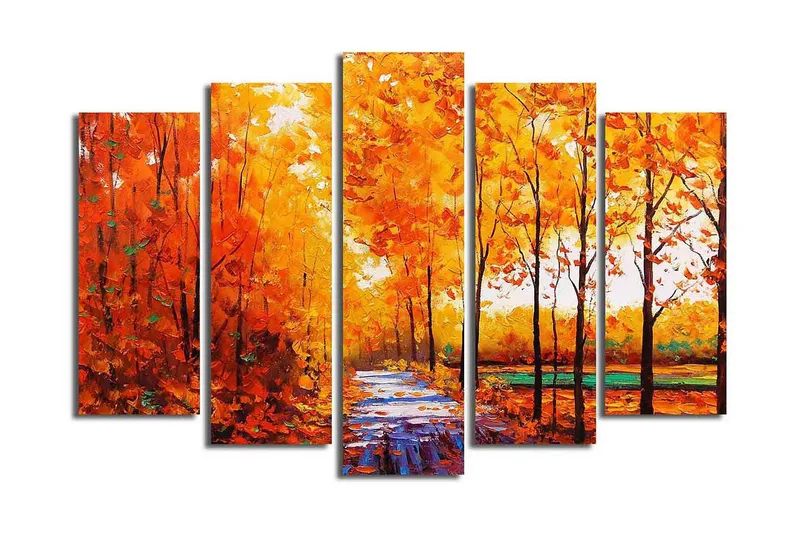 Stort lerretsbilde i 5 deler 105x70 cm - Frodig skog med høstfarger og en sti - Oransje / Gul / Grønn - Interiør - Maleri & posters - Lerretsbilder