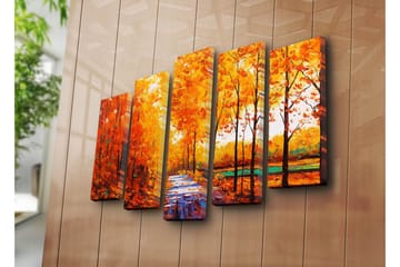 Stort lerretsbilde i 5 deler 105x70 cm - Frodig skog med høstfarger og en sti - Oransje / Gul / Grønn - Interiør - Maleri & posters - Lerretsbilder