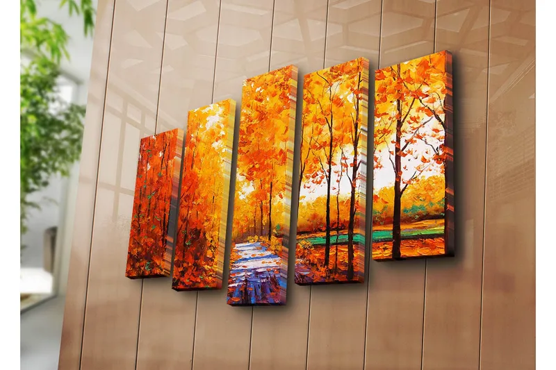Stort lerretsbilde i 5 deler 105x70 cm - Frodig skog med høstfarger og en sti - Oransje / Gul / Grønn - Interiør - Maleri & posters - Lerretsbilder