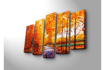 Stort lerretsbilde i 5 deler 105x70 cm - Frodig skog med høstfarger og en sti - Oransje / Gul / Grønn - Interiør - Maleri & posters - Lerretsbilder