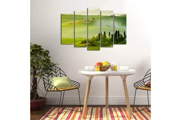 Stort lerretsbilde i 5 deler 105x70 cm - Frodig toskansk landskap med bølgende åser og pittoreske gårder - Grønn / Lys grønn / Mørk grønn - Interiør - Maleri & posters - Lerretsbilder