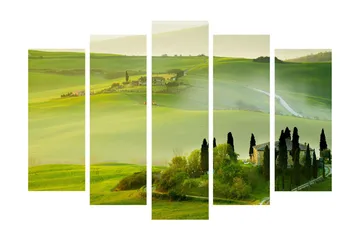 Stort lerretsbilde i 5 deler 105x70 cm - Frodig toskansk landskap med bølgende åser og pittoreske gårder - Grønn / Lys grønn / Mørk grønn - Interiør - Maleri & posters - Lerretsbilder