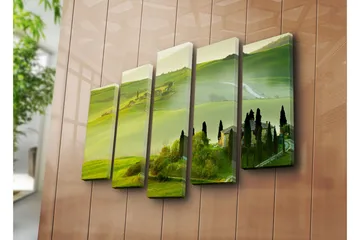 Stort lerretsbilde i 5 deler 105x70 cm - Frodig toskansk landskap med bølgende åser og pittoreske gårder - Grønn / Lys grønn / Mørk grønn - Interiør - Maleri & posters - Lerretsbilder