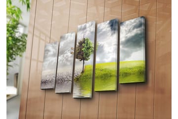 Stort lerretsbilde i 5 deler 105x70 cm - Frodige trær som står mellom tørt land og frodig eng - Grønn / Grå / Beige - Interiør - Maleri & posters - Lerretsbilder