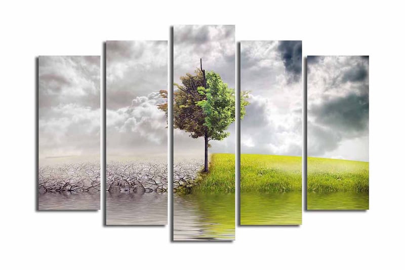 Stort lerretsbilde i 5 deler 105x70 cm - Frodige trær som står mellom tørt land og frodig eng, Grønn / Grå / Beige