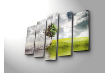 Stort lerretsbilde i 5 deler 105x70 cm - Frodige trær som står mellom tørt land og frodig eng - Grønn / Grå / Beige - Interiør - Maleri & posters - Lerretsbilder