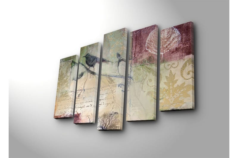 Stort lerretsbilde i 5 deler 105x70 cm - Fugler på en gren med abstrakte mønstre og teksturer - Grønn / Brun / Burgunder - Interiør - Maleri & posters - Lerretsbilder