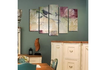 Stort lerretsbilde i 5 deler 105x70 cm - Fugler på en gren med abstrakte mønstre og teksturer - Grønn / Brun / Burgunder - Interiør - Maleri & posters - Lerretsbilder