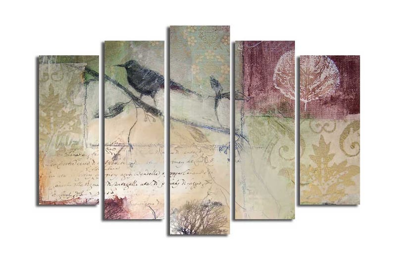 Stort lerretsbilde i 5 deler 105x70 cm - Fugler på en gren med abstrakte mønstre og teksturer - Grønn / Brun / Burgunder - Interiør - Maleri & posters - Lerretsbilder