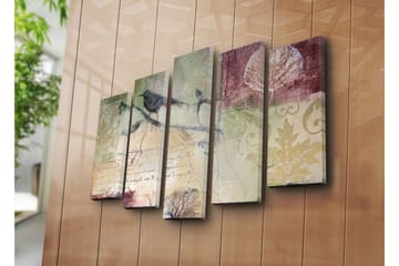 Stort lerretsbilde i 5 deler 105x70 cm - Fugler på en gren med abstrakte mønstre og teksturer - Grønn / Brun / Burgunder - Interiør - Maleri & posters - Lerretsbilder