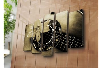 Stort lerretsbilde i 5 deler 105x70 cm - Gitar med en blomst som fremhever instrumentets detaljer - Gull / Svart / Beige - Interiør - Maleri & posters - Lerretsbilder