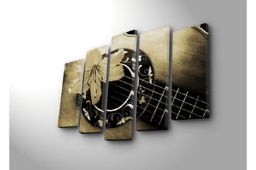 Stort lerretsbilde i 5 deler 105x70 cm - Gitar med en blomst som fremhever instrumentets detaljer - Gull / Svart / Beige - Interiør - Maleri & posters - Lerretsbilder