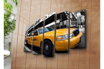 Stort lerretsbilde i 5 deler 105x70 cm - Gul New York-taxi i bymiljø - Gul / Svart / Grå - Interiør - Maleri & posters - Lerretsbilder