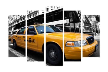 Stort lerretsbilde i 5 deler 105x70 cm - Gul New York-taxi i bymiljø - Gul / Svart / Grå - Interiør - Maleri & posters - Lerretsbilder