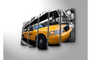 Stort lerretsbilde i 5 deler 105x70 cm - Gul New York-taxi i bymiljø - Gul / Svart / Grå - Interiør - Maleri & posters - Lerretsbilder