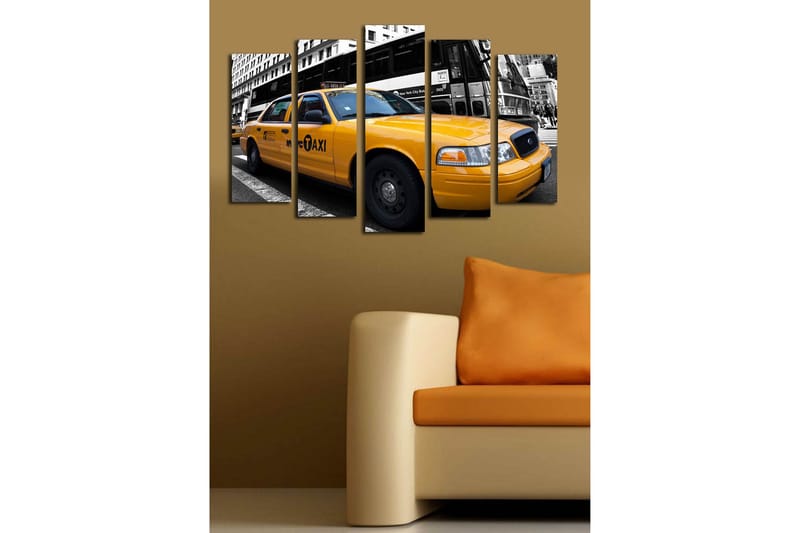 Stort lerretsbilde i 5 deler 105x70 cm - Gul New York-taxi i bymiljø - Gul / Svart / Grå - Interiør - Maleri & posters - Lerretsbilder