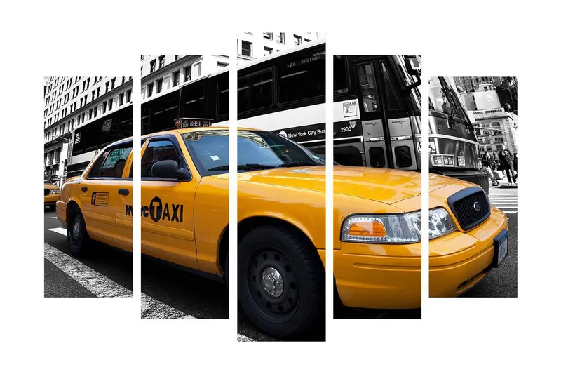 Stort lerretsbilde i 5 deler 105x70 cm - Gul New York-taxi i bymiljø - Gul / Svart / Grå - Interiør - Maleri & posters - Lerretsbilder