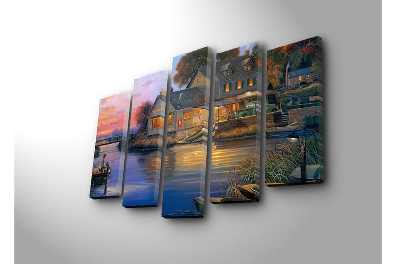 Stort lerretsbilde i 5 deler 105x70 cm - Gutt som fisker ved en innsjø i solnedgangslyset - Blå / Oransje / Grønn - Interiør - Maleri & posters - Lerretsbilder