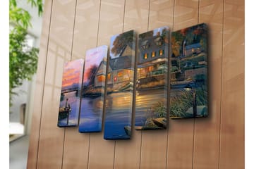 Stort lerretsbilde i 5 deler 105x70 cm - Gutt som fisker ved en innsjø i solnedgangslyset - Blå / Oransje / Grønn - Interiør - Maleri & posters - Lerretsbilder