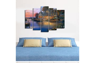 Stort lerretsbilde i 5 deler 105x70 cm - Gutt som fisker ved en innsjø i solnedgangslyset - Blå / Oransje / Grønn - Interiør - Maleri & posters - Lerretsbilder