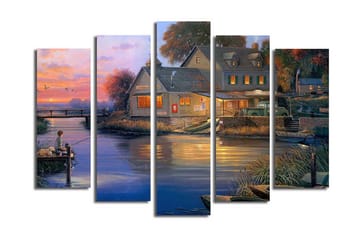 Stort lerretsbilde i 5 deler 105x70 cm - Gutt som fisker ved en innsjø i solnedgangslyset - Blå / Oransje / Grønn - Interiør - Maleri & posters - Lerretsbilder