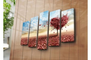 Stort lerretsbilde i 5 deler 105x70 cm - Hjerteformet tre med høstblader i rød nyanse - Rød / Rosa / Blå - Interiør - Maleri & posters - Lerretsbilder
