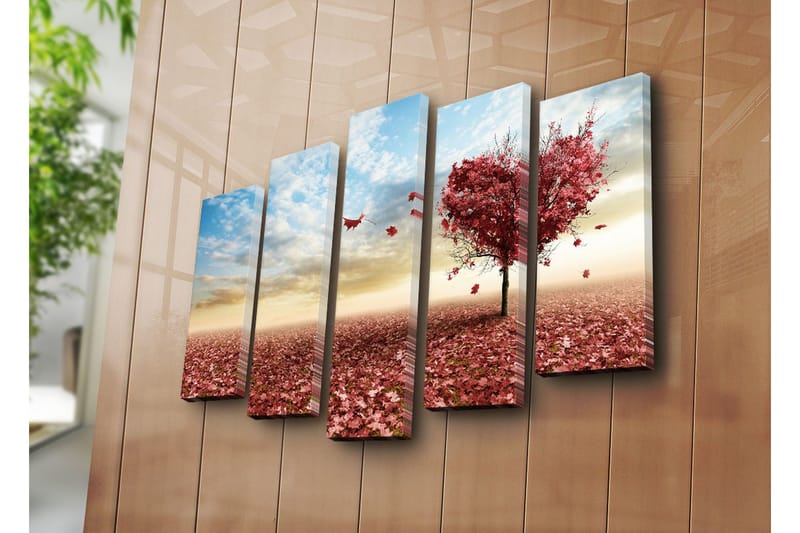 Stort lerretsbilde i 5 deler 105x70 cm - Hjerteformet tre med høstblader i rød nyanse - Rød / Rosa / Blå - Interiør - Maleri & posters - Lerretsbilder