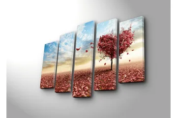Stort lerretsbilde i 5 deler 105x70 cm - Hjerteformet tre med høstblader i rød nyanse - Rød / Rosa / Blå - Interiør - Maleri & posters - Lerretsbilder