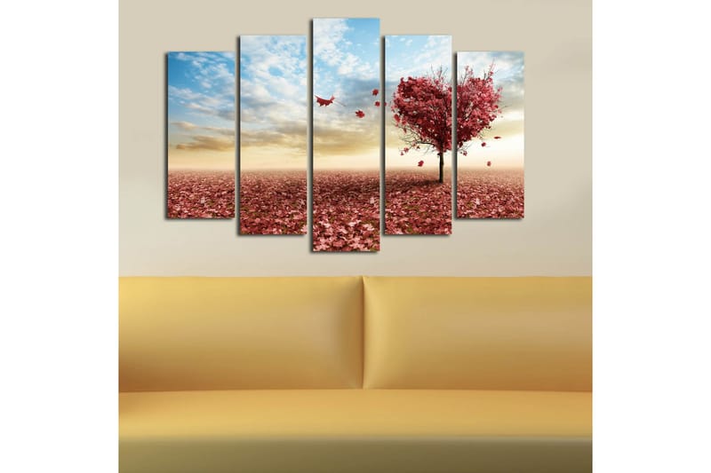 Stort lerretsbilde i 5 deler 105x70 cm - Hjerteformet tre med høstblader i rød nyanse - Rød / Rosa / Blå - Interiør - Maleri & posters - Lerretsbilder