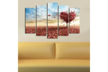 Stort lerretsbilde i 5 deler 105x70 cm - Hjerteformet tre med høstblader i rød nyanse - Rød / Rosa / Blå - Interiør - Maleri & posters - Lerretsbilder
