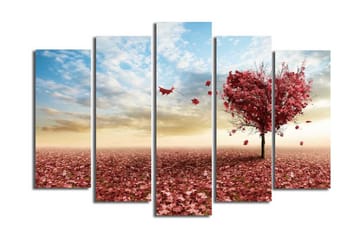 Stort lerretsbilde i 5 deler 105x70 cm - Hjerteformet tre med høstblader i rød nyanse - Rød / Rosa / Blå - Interiør - Maleri & posters - Lerretsbilder