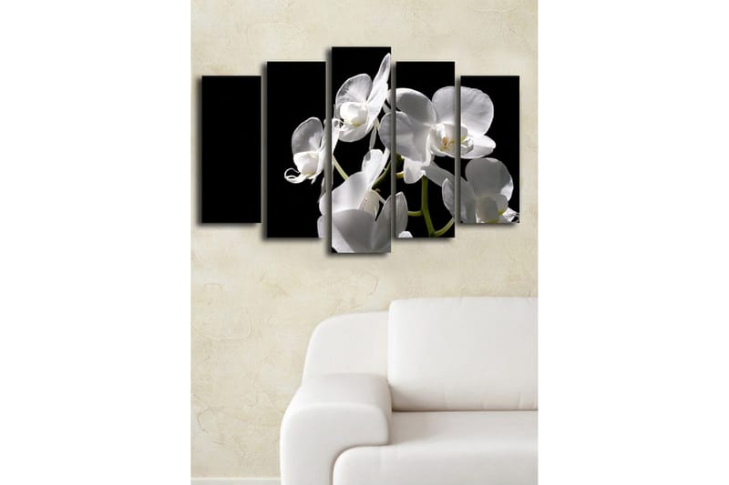 Stort lerretsbilde i 5 deler 105x70 cm - Hvit orkidé med elegante blomster - Hvit / Grønn - Interiør - Maleri & posters - Lerretsbilder