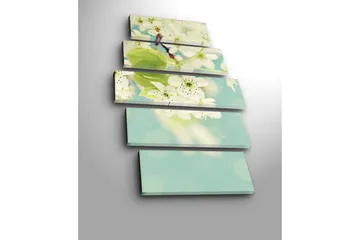 Stort lerretsbilde i 5 deler 105x70 cm - Hvite hortensiaer i blomst mot en myk blå bakgrunn - Hvit / Grønn / Blå - Interiør - Maleri & posters - Lerretsbilder