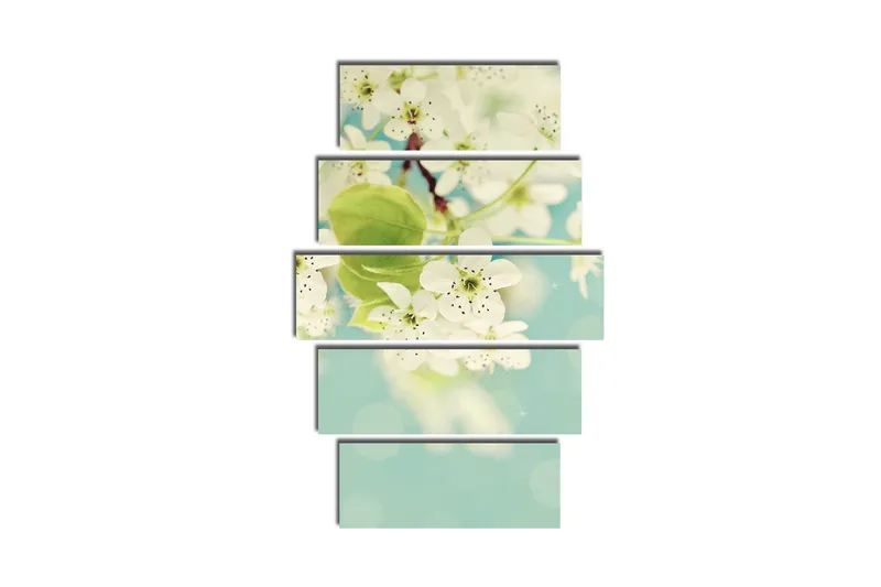 Stort lerretsbilde i 5 deler 105x70 cm - Hvite hortensiaer i blomst mot en myk blå bakgrunn - Hvit / Grønn / Blå - Interiør - Maleri & posters - Lerretsbilder