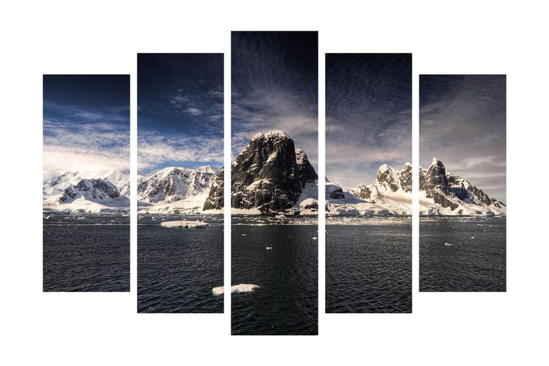 Stort lerretsbilde i 5 deler 105x70 cm - Imponerende fjellandskap med snødekte topper og speilblanke vannflater - Hvit / Mørk blå / Grå - Interiør - Maleri & posters - Lerretsbilder