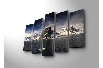 Stort lerretsbilde i 5 deler 105x70 cm - Imponerende fjellandskap med snødekte topper og speilblanke vannflater - Hvit / Mørk blå / Grå - Interiør - Maleri & posters - Lerretsbilder