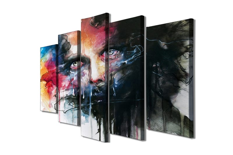 Stort lerretsbilde i 5 deler 105x70 cm - Intens portrett med dramatiske farger og uttrykksfulle trekk - Svart / Rød / Blå - Interiør - Maleri & posters - Lerretsbilder