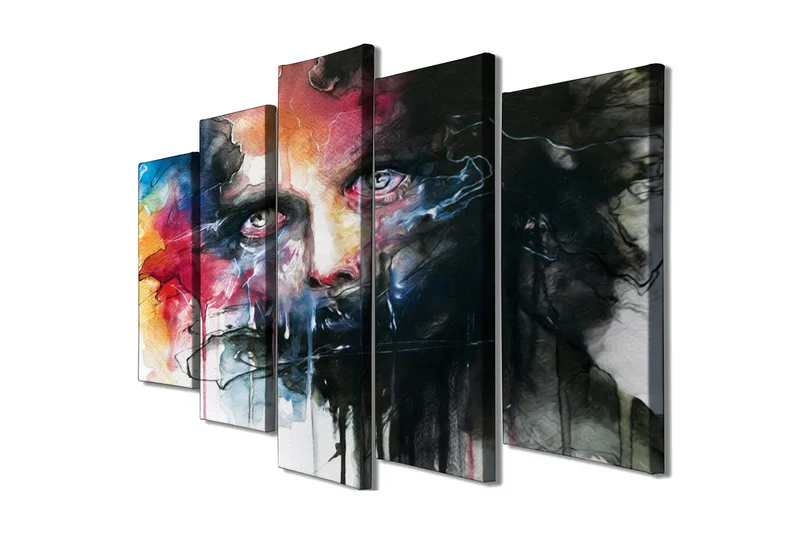 Stort lerretsbilde i 5 deler 105x70 cm - Intens portrett med dramatiske farger og uttrykksfulle trekk - Svart / Rød / Blå - Interiør - Maleri & posters - Lerretsbilder