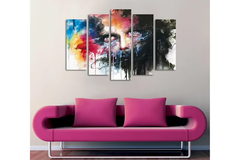 Stort lerretsbilde i 5 deler 105x70 cm - Intens portrett med dramatiske farger og uttrykksfulle trekk - Svart / Rød / Blå - Interiør - Maleri & posters - Lerretsbilder