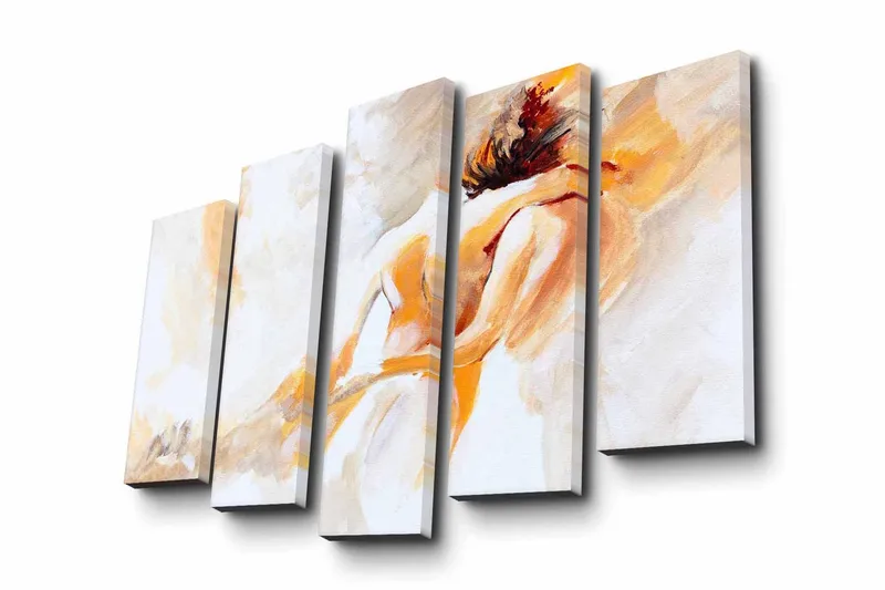 Stort lerretsbilde i 5 deler 105x70 cm - Intimt øyeblikk mellom to personer - Lys oransje / Hvit / Beige - Interiør - Maleri & posters - Lerretsbilder