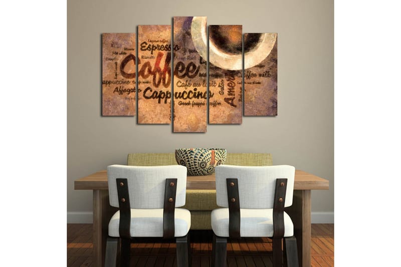 Stort lerretsbilde i 5 deler 105x70 cm - Kaffeinspirert kunstverk med tekst og kaffekopper - Brun / Beige / Svart - Interiør - Maleri & posters - Lerretsbilder