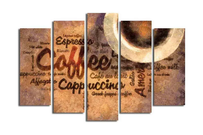 Stort lerretsbilde i 5 deler 105x70 cm - Kaffeinspirert kunstverk med tekst og kaffekopper, Brun / Beige / Svart
