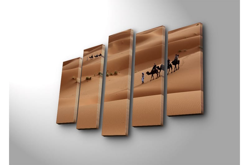 Stort lerretsbilde i 5 deler 105x70 cm - Kamelkaravane som beveger seg gjennom sanddyner - Sandbeige / Lys brun / Grønn - Interiør - Maleri & posters - Lerretsbilder