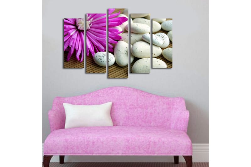 Stort lerretsbilde i 5 deler 105x70 cm - Lilla blomst med hvite steiner - Lilla / Hvit - Interiør - Maleri & posters - Lerretsbilder