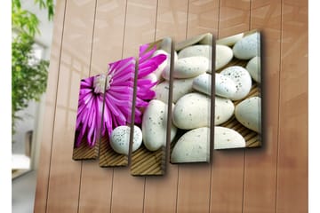 Stort lerretsbilde i 5 deler 105x70 cm - Lilla blomst med hvite steiner - Lilla / Hvit - Interiør - Maleri & posters - Lerretsbilder