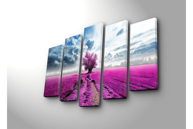 Stort lerretsbilde i 5 deler 105x70 cm - Lilla blomsterfelt med et ensomt tre - Lilla / Blå / Grå - Interiør - Maleri & posters - Lerretsbilder